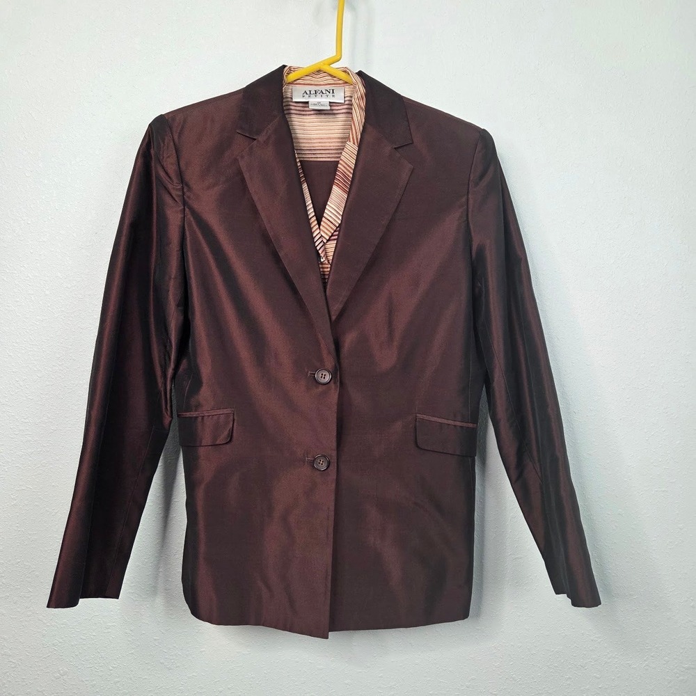 Y2K‎ Alfani 3‑Piece Silk Shantung Pant Suit Women 6P Brown Striped Shell